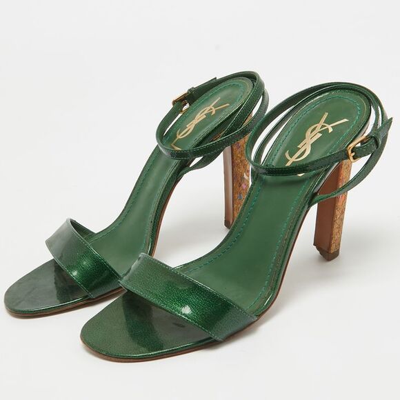 Yves Saint Laurent Green Patent Leather Ankle Wrap Sandals Size 39 - Picture 2 of 4